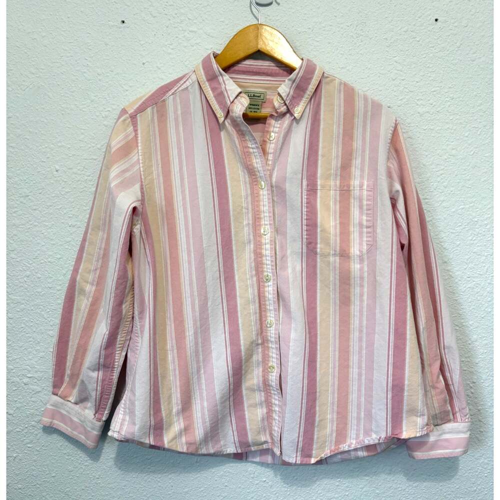Vintage L.L. Bean Cotton Button Down Large Pink Yellow Stripe 90s Camp